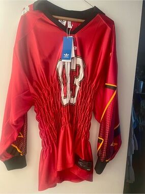 adidas Red Ruched Jersey with Graphic Sleeves and Number 03